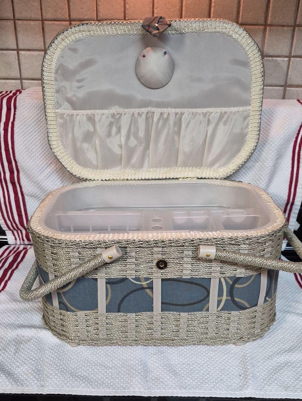 Woven Decorative Sewing Basket with Blue Pattern and Cream Trim Wooden Bottom